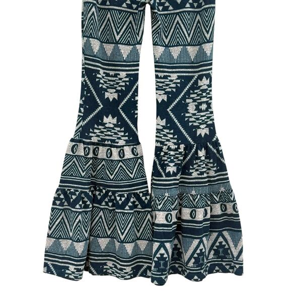 Kori Boho Tribal Print Flare High-Waist Pants Geometric Size Small Blue Beige - Picture 5 of 9